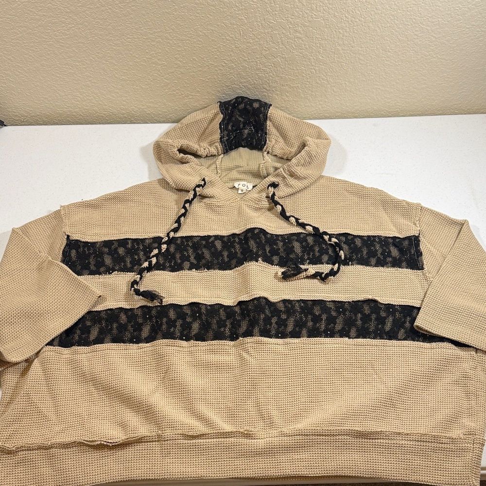 POL Beige Hooded Waffle Knit Shirt with Black Lace Stripes